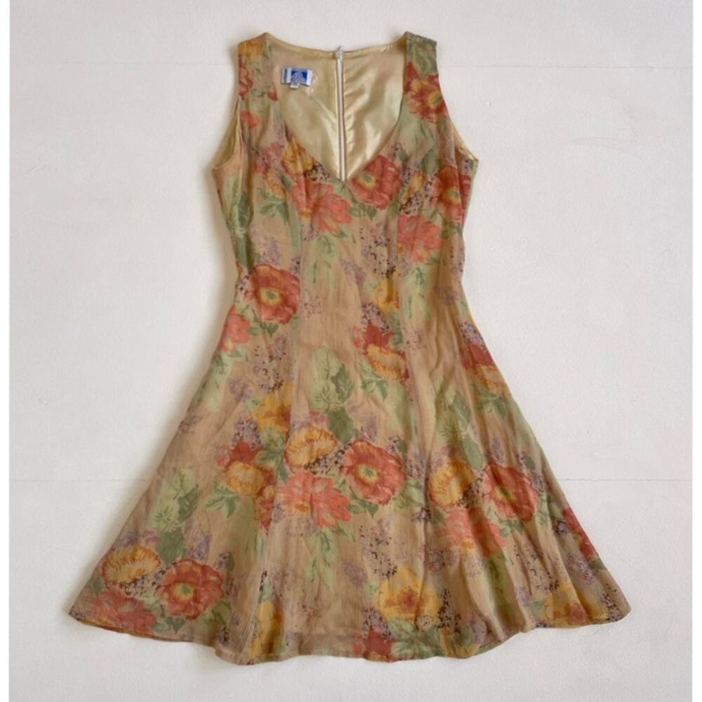 Vtg 90s Printemps Haussmann Beige Silk Floral Dress / Sz 38 / Paris Designer